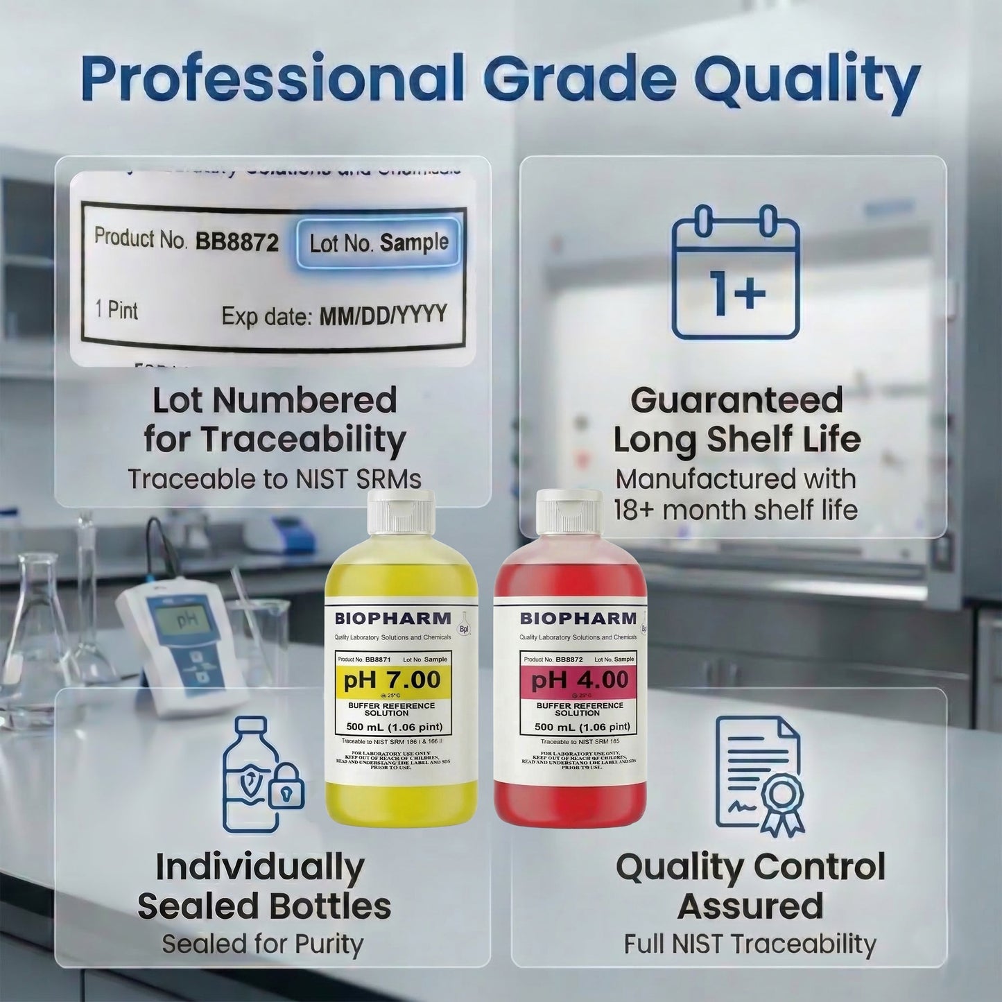 Biopharm pH test solutions with lab equipment in the background, emphasizing professional grade quality.