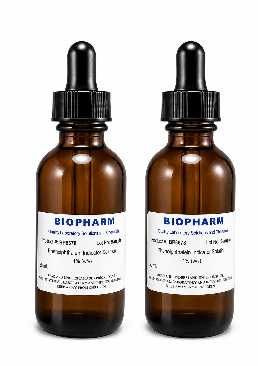 Two Biopharm laboratory solution bottles with droppers on a white background