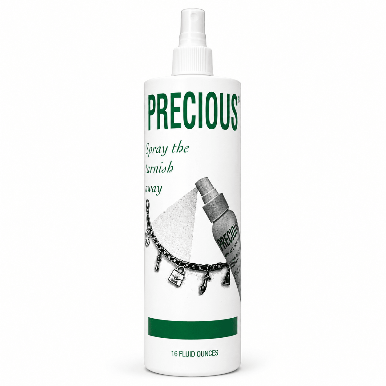 Bottle of 'Precious' jewelry cleaner with a white background