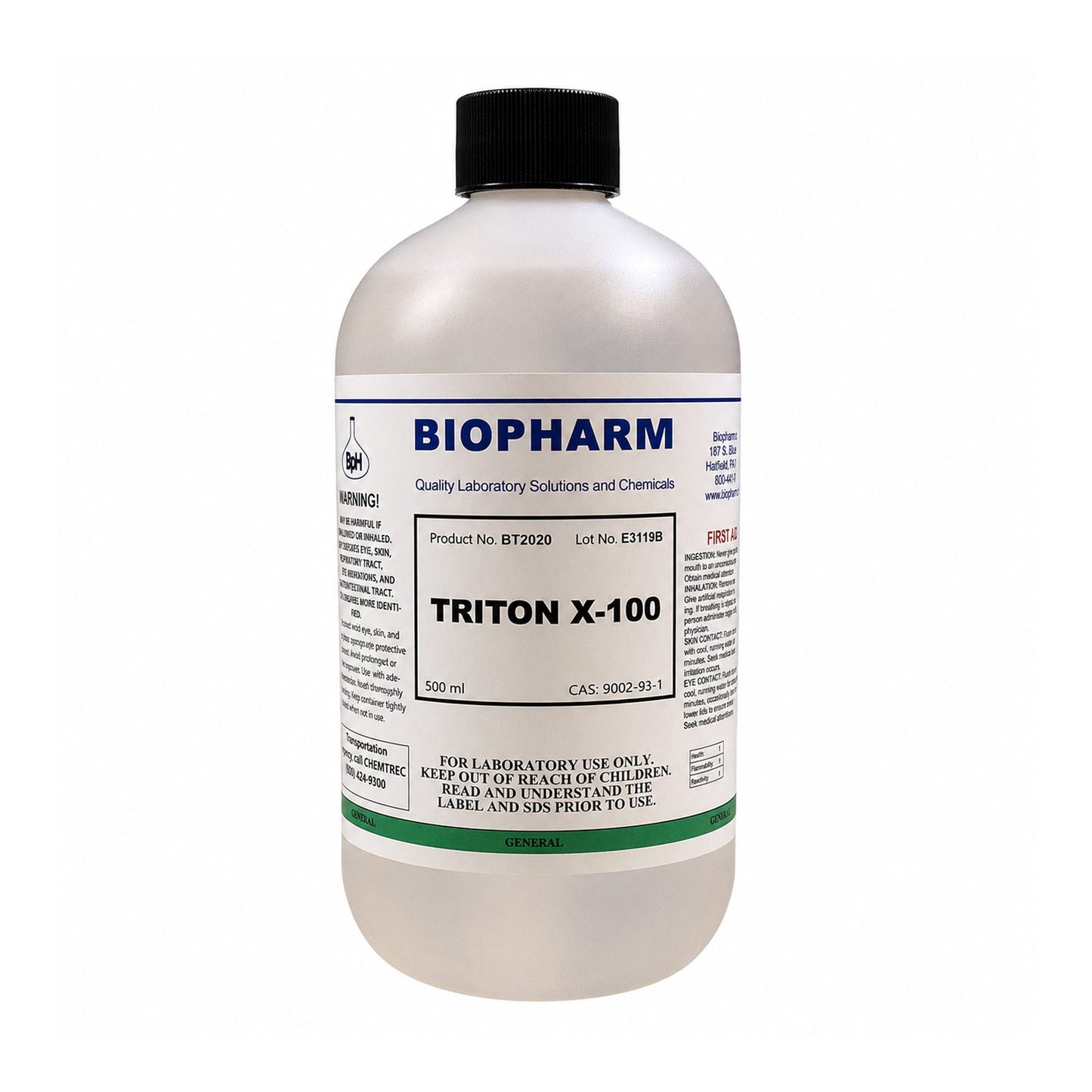 Bottle of Biopharm Triton X-100 on a white background