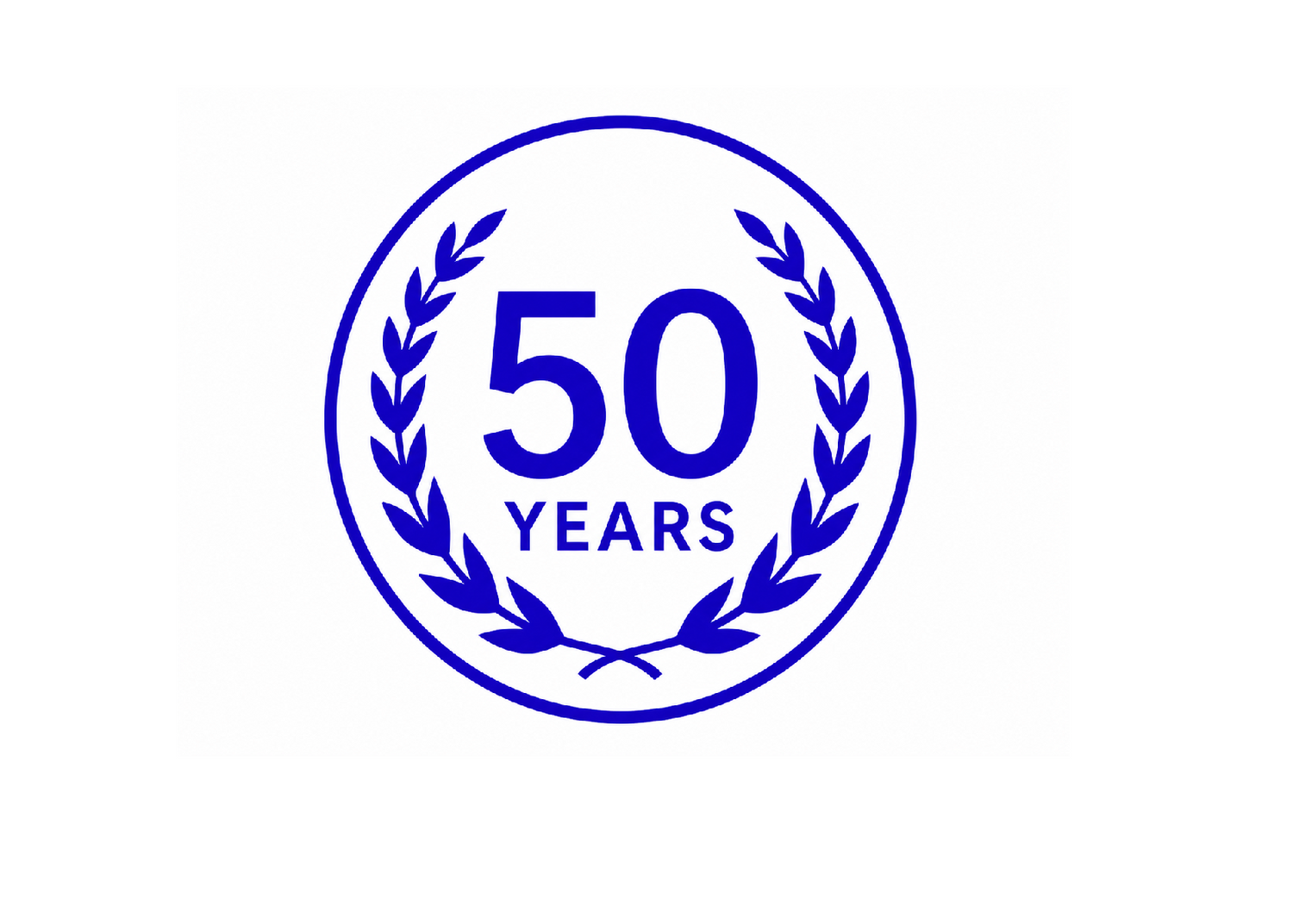 Blue circular logo with '50 Years' text on a white background