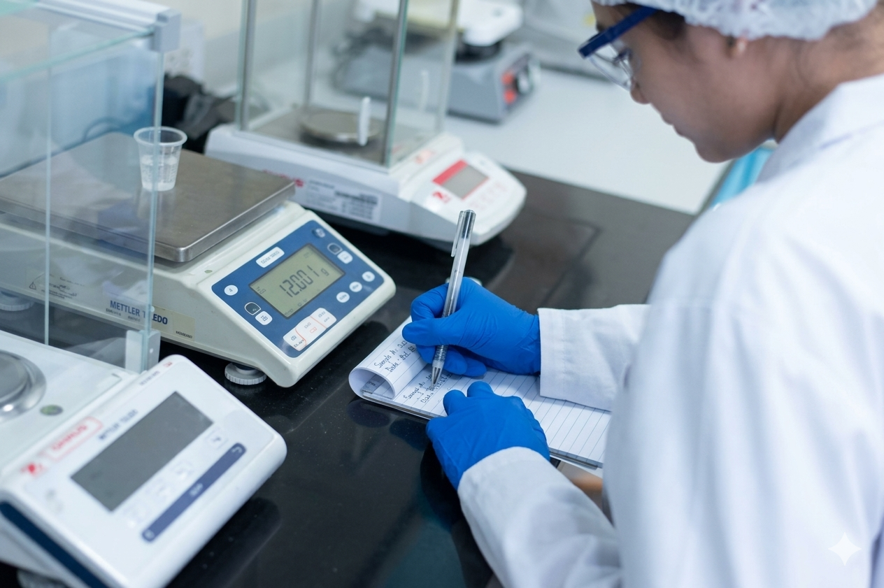 Person in a laboratory setting using scientific equipment.