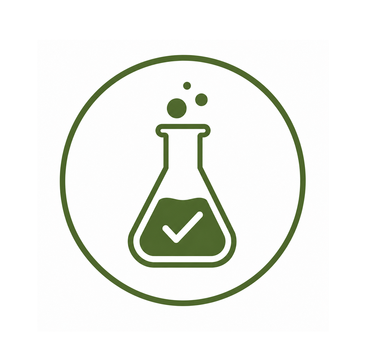 Green icon of a beaker with a check mark on a white background