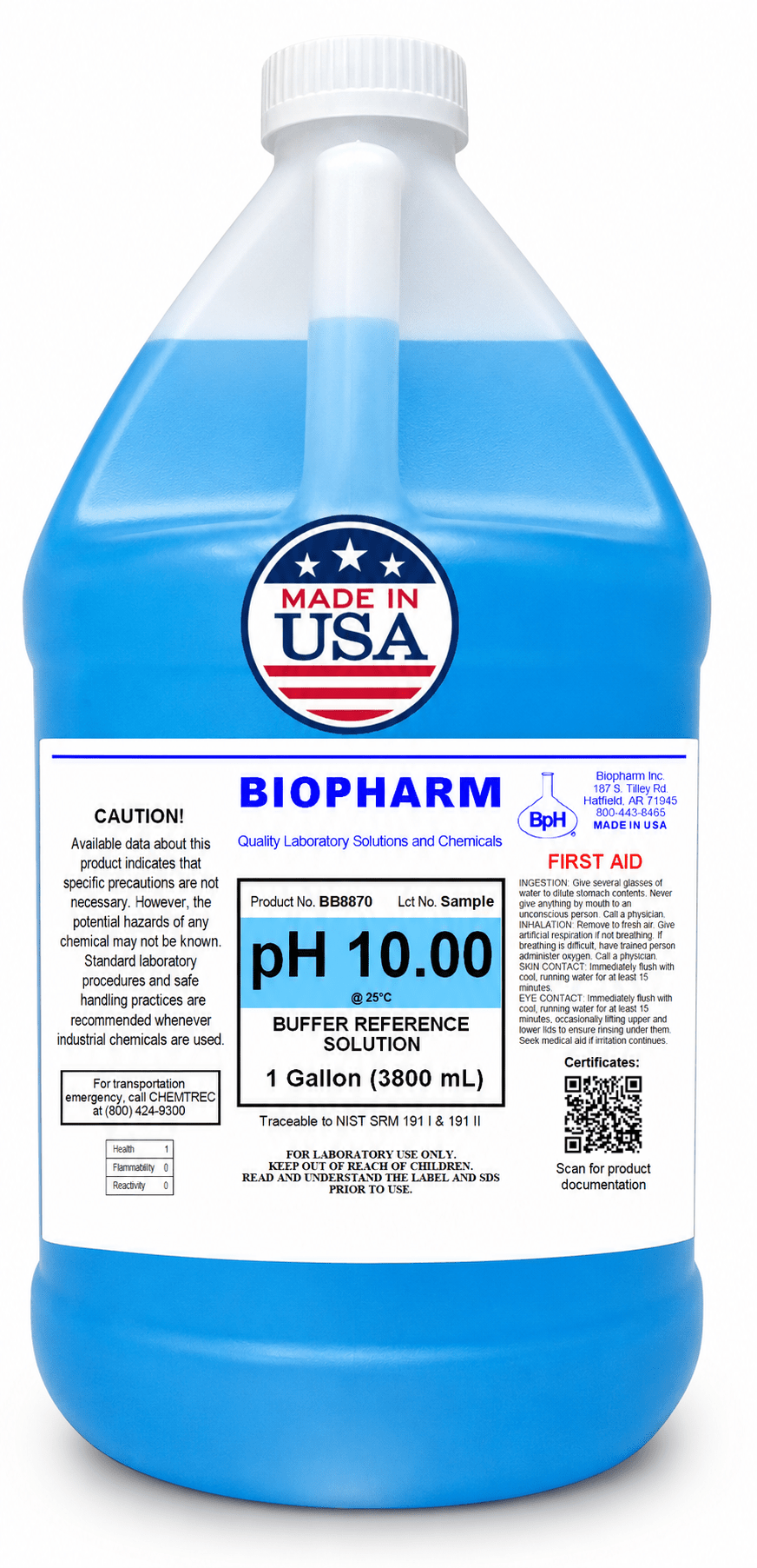  gallon container of Biopharm pH 10.00 buffer solution with a blue label