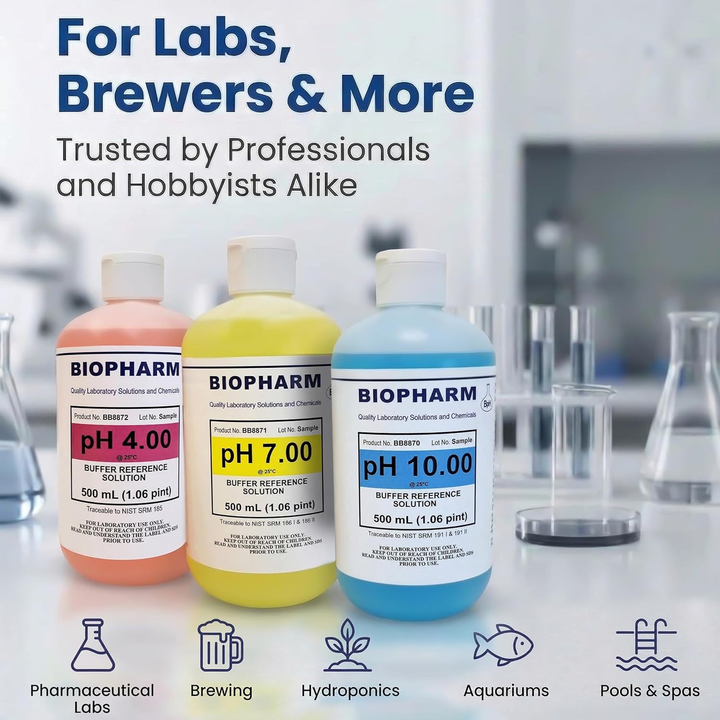 Three Biopharm pH solution bottles with labels for pH 4.00, pH 7.00, and pH 10.00 on a blurred laboratory background.