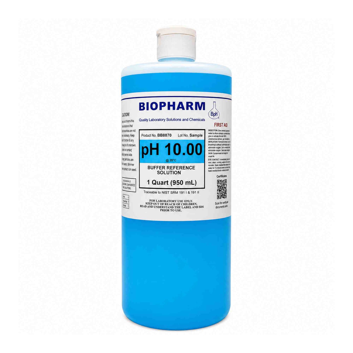 Bottle of Biopharm pH 10.00 buffer reference solution on a white background