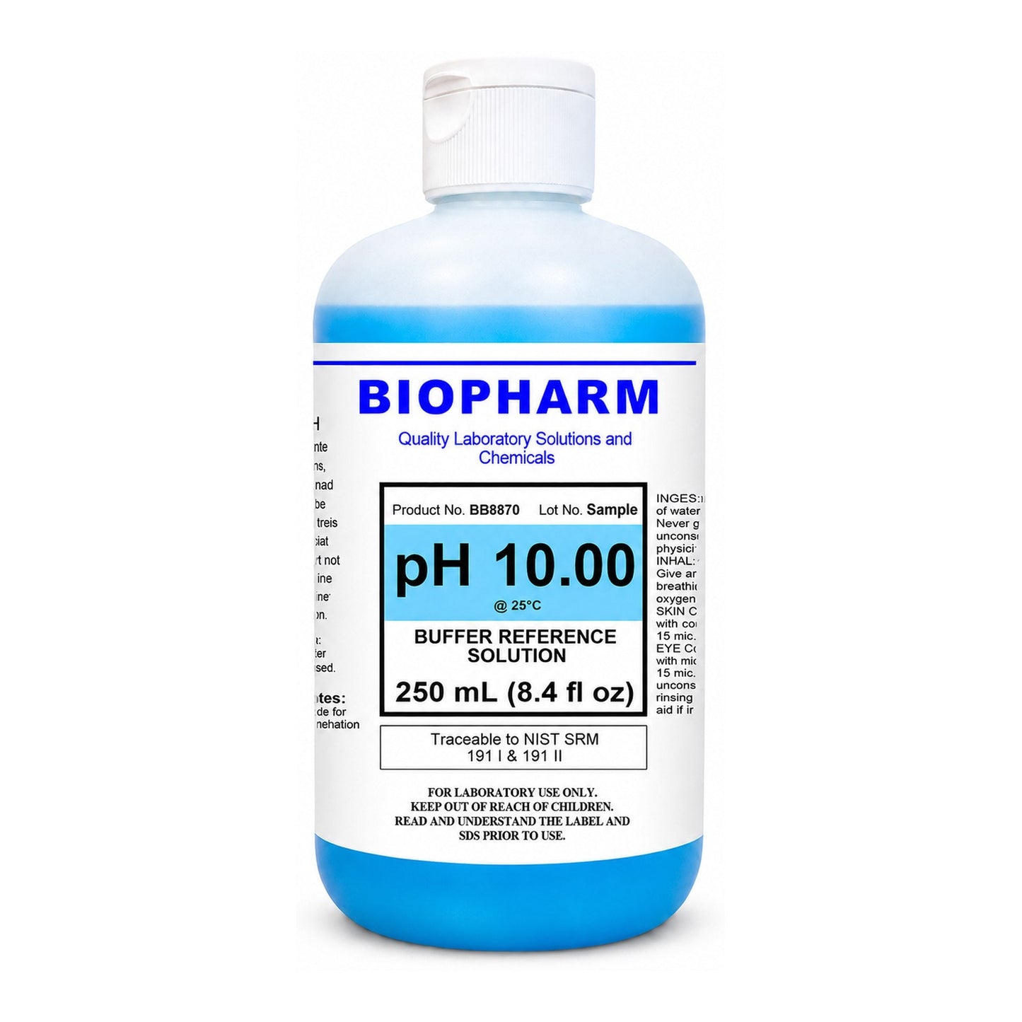 A 250 mL bottle of BIOPHARM pH 10.00 buffer reference solution, featuring a white cap and a white label with blue and black text, set against a plain white background.