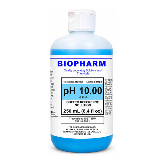 A 250 mL bottle of BIOPHARM pH 10.00 buffer reference solution, featuring a white cap and a white label with blue and black text, set against a plain white background.