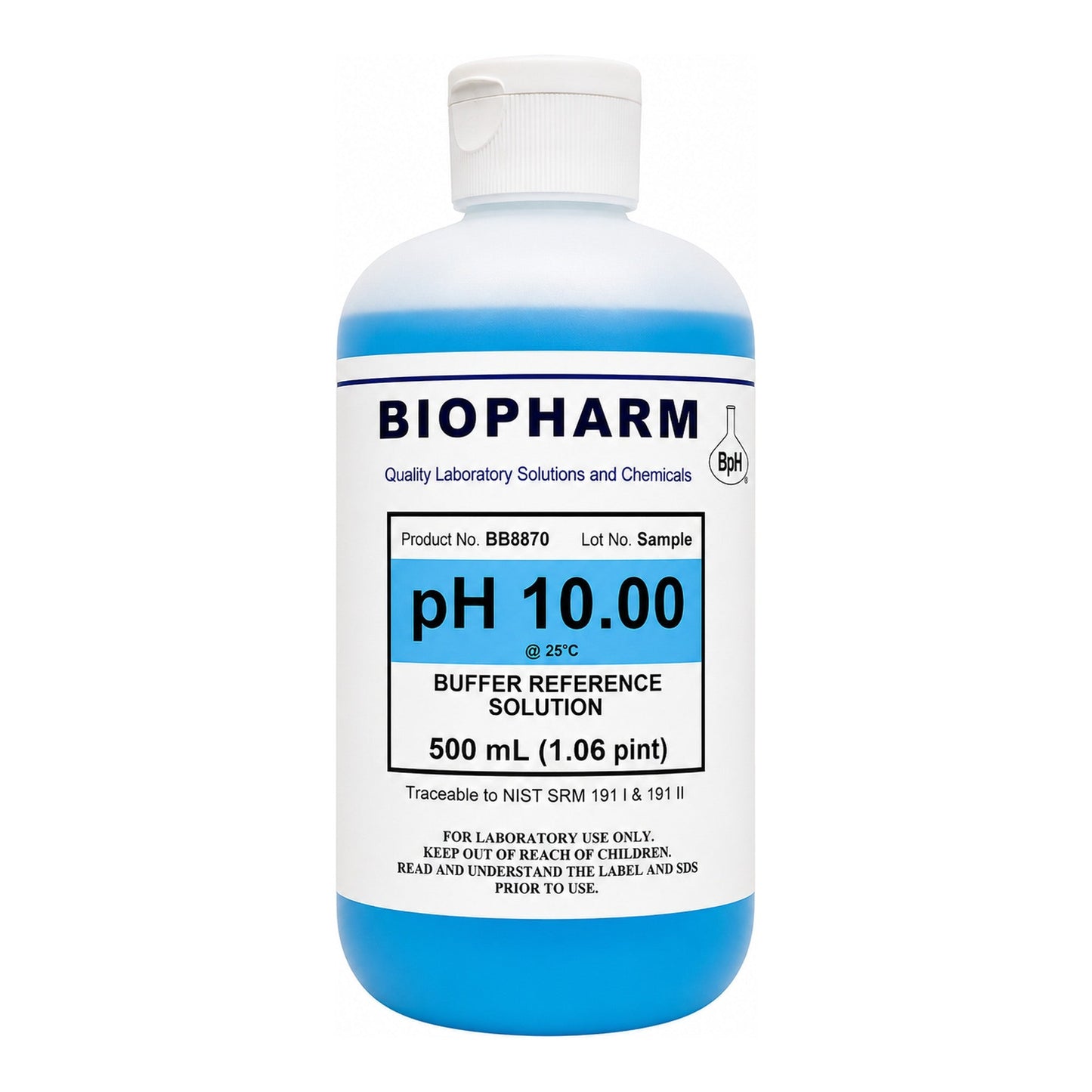 Bottle of Biopharm pH 10.00 buffer reference solution on a white background