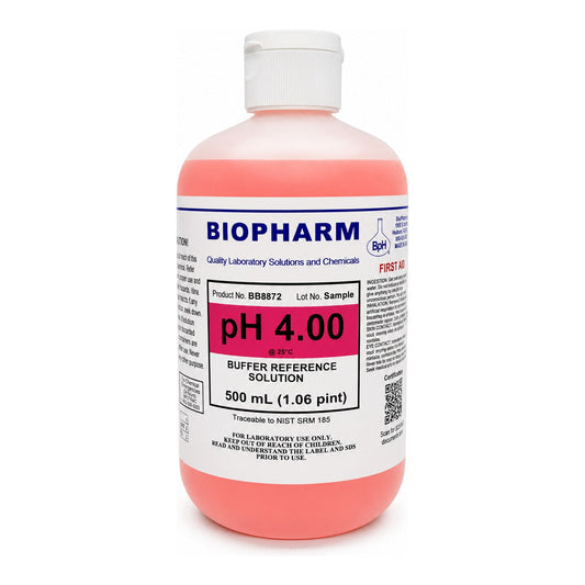 Bottle of Biopharm pH 4.00 buffer reference solution on a white background