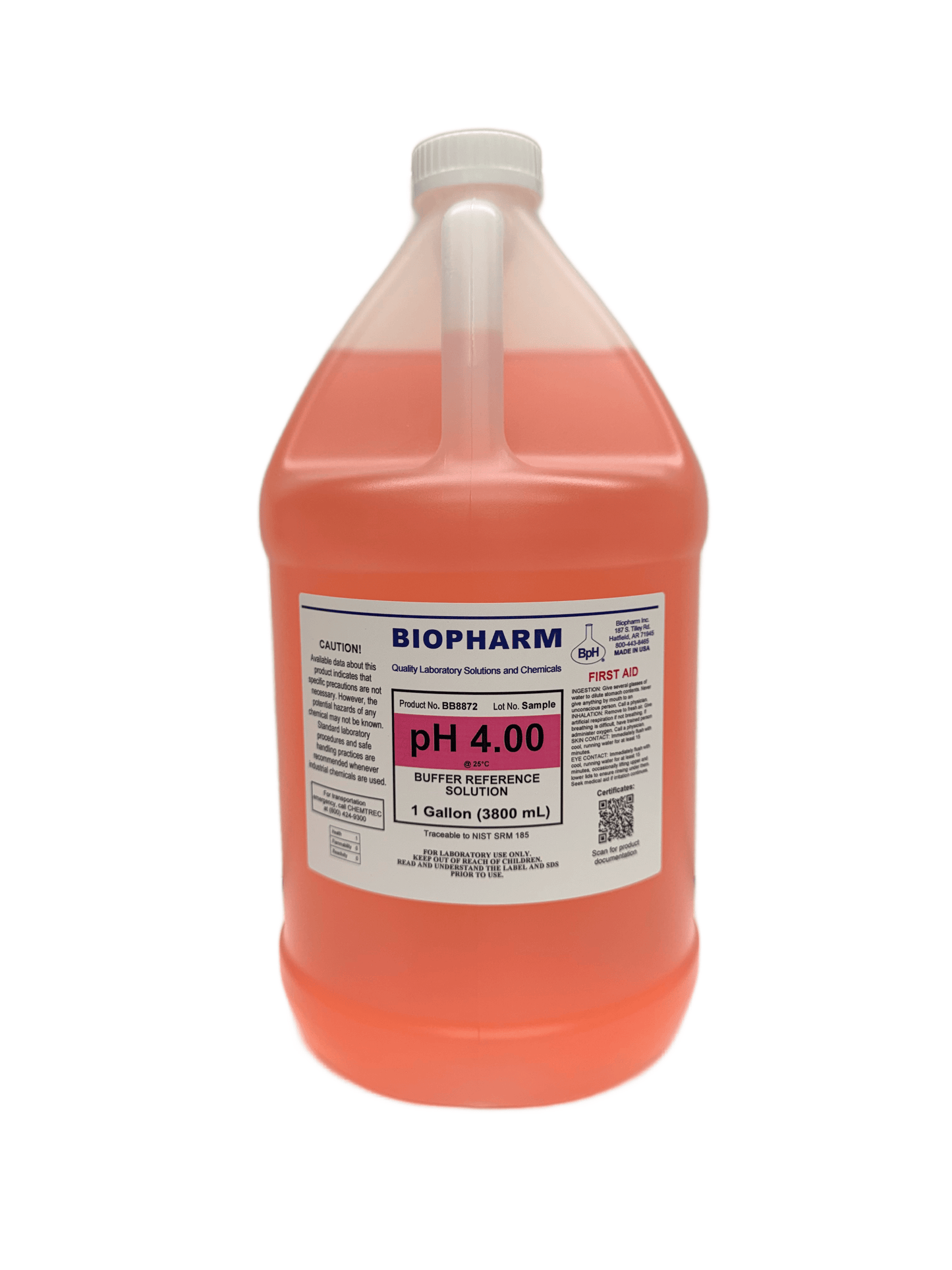 A one-gallon plastic bottle filled with pinkish-orange buffered reference solution, featuring a white cap and a white label with blue and magenta text. The brand name 'BIOPHARM' is clearly visible on the front label.