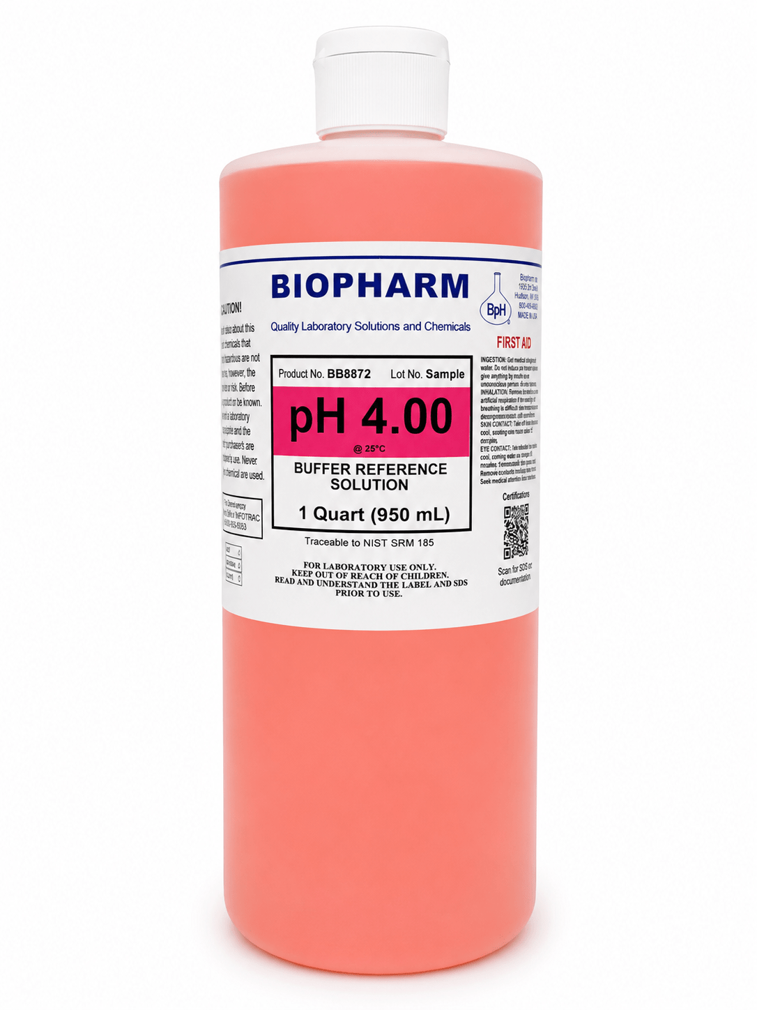 A 1 quart bottle of Biopharm pH 4.00 Buffer Reference Solution, filled with a peach-pink liquid and featuring a white cap and a white label with blue and red text.