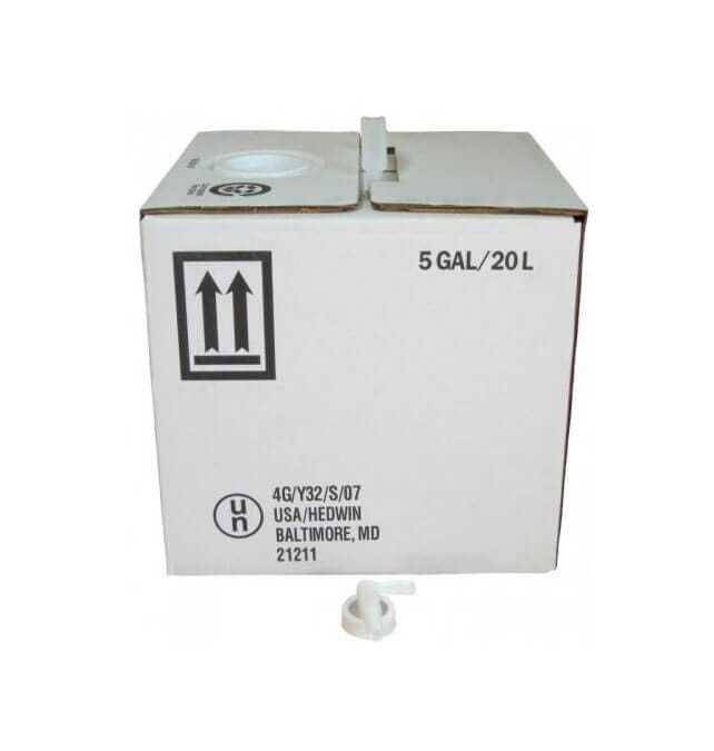 White cardboard box with a 5-gallon capacity label on a white background