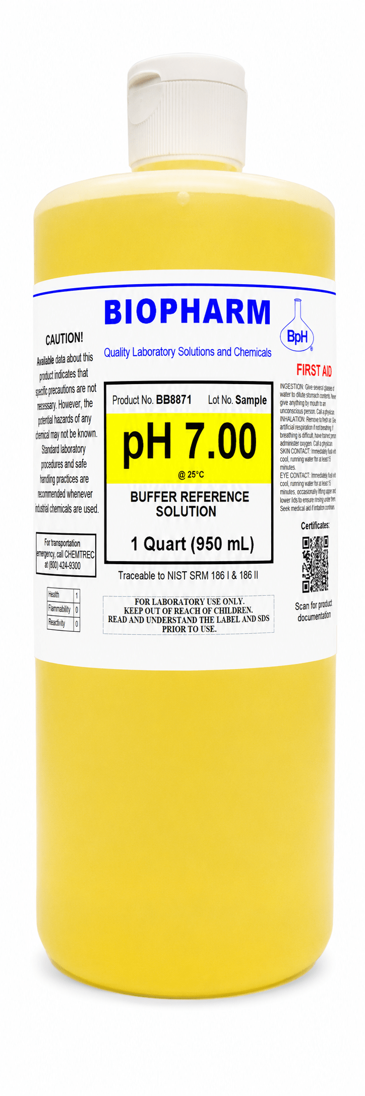 Yellow bottle with a label indicating pH 7.00 buffer solution from Biopharm.