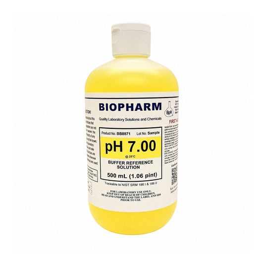 Biopharm pH 7.00 buffer solution bottle on a white background