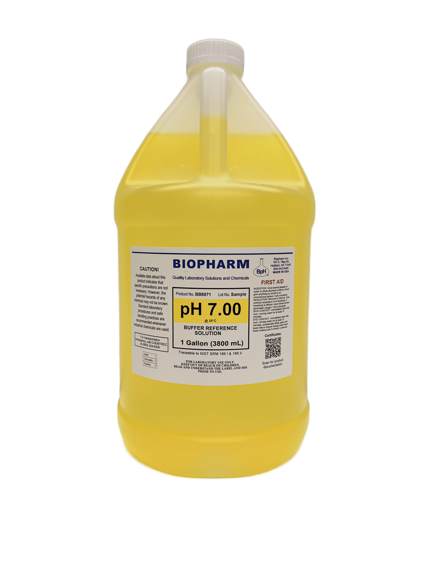 Yellow bottle of Biopharm pH 7.00 solution on a white background