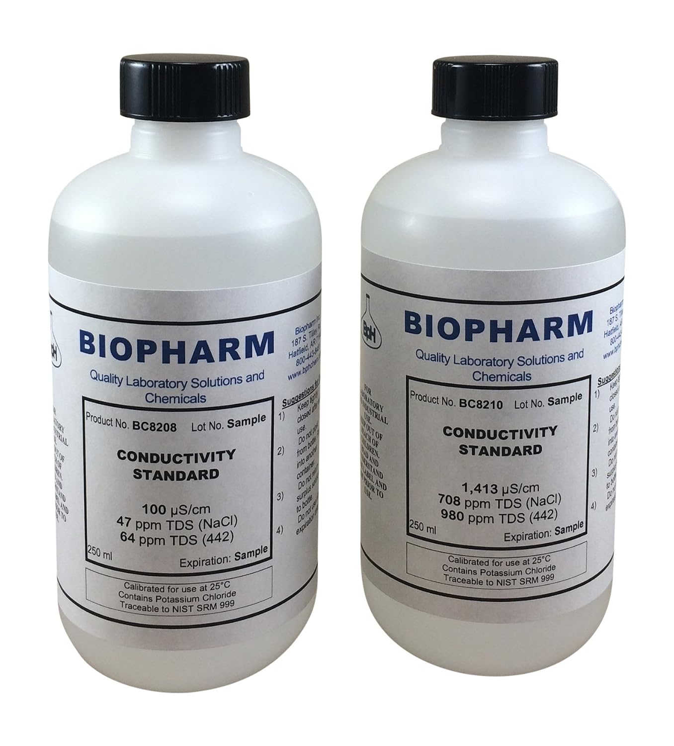 Two Biopharm conductivity standard bottles on a white background