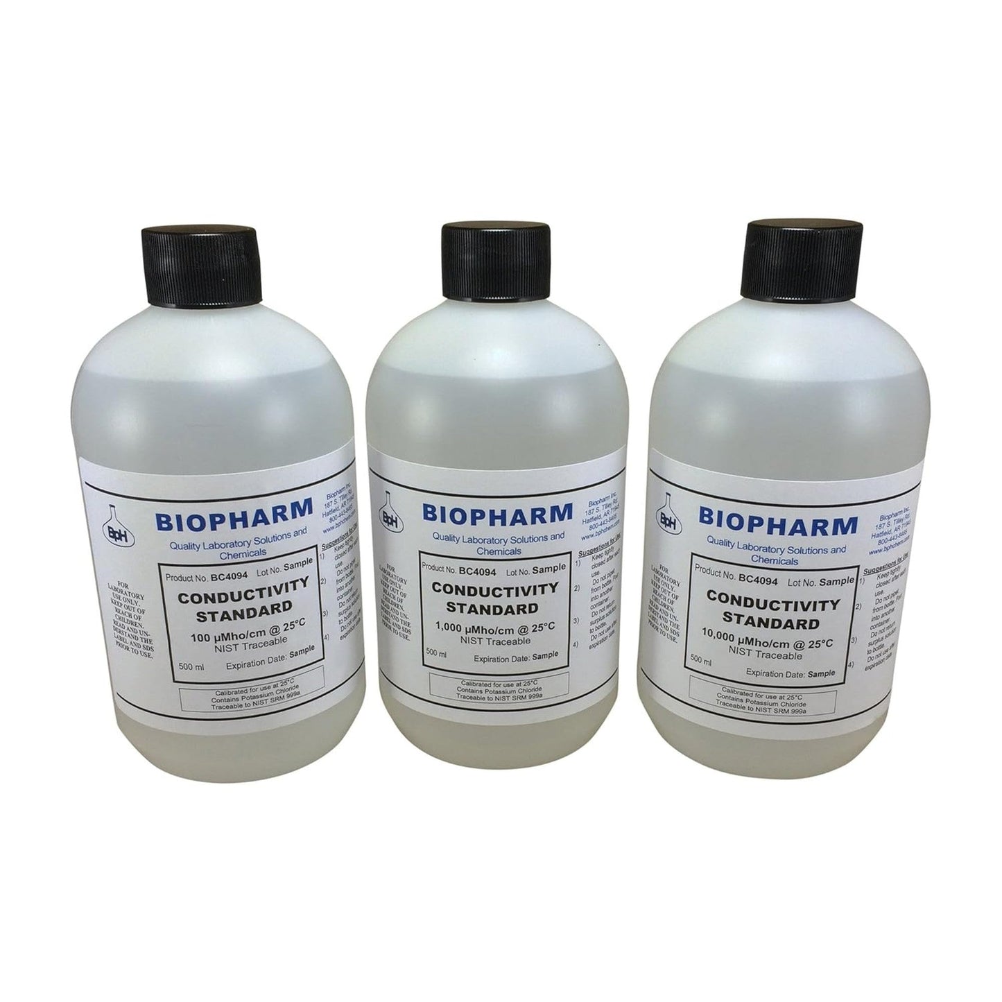 Three white plastic bottles of Biopharm Conductivity Standard solution with black caps, arranged side by side on a white background.