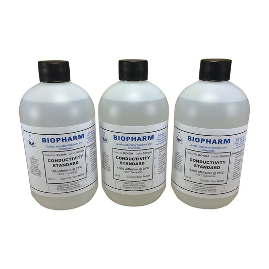 Three white plastic bottles of Biopharm Conductivity Standard solution with black caps, arranged side by side on a white background.