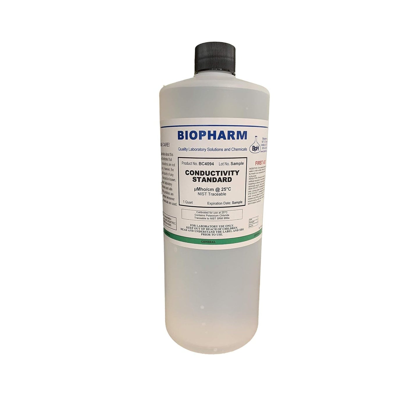 Bottle of Biopharm conductivity standard solution on a white background