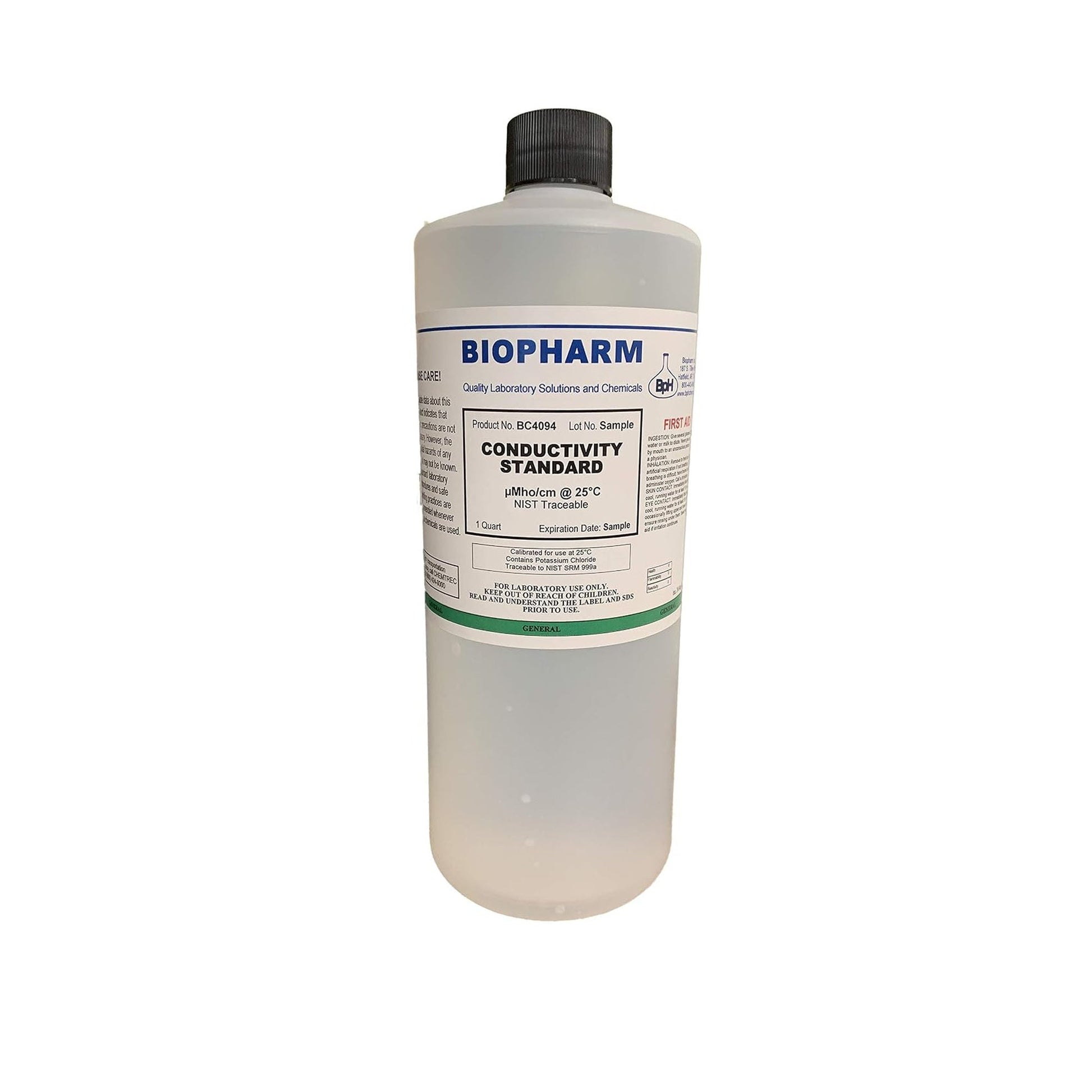 Bottle of Biopharm conductivity standard solution on a white background