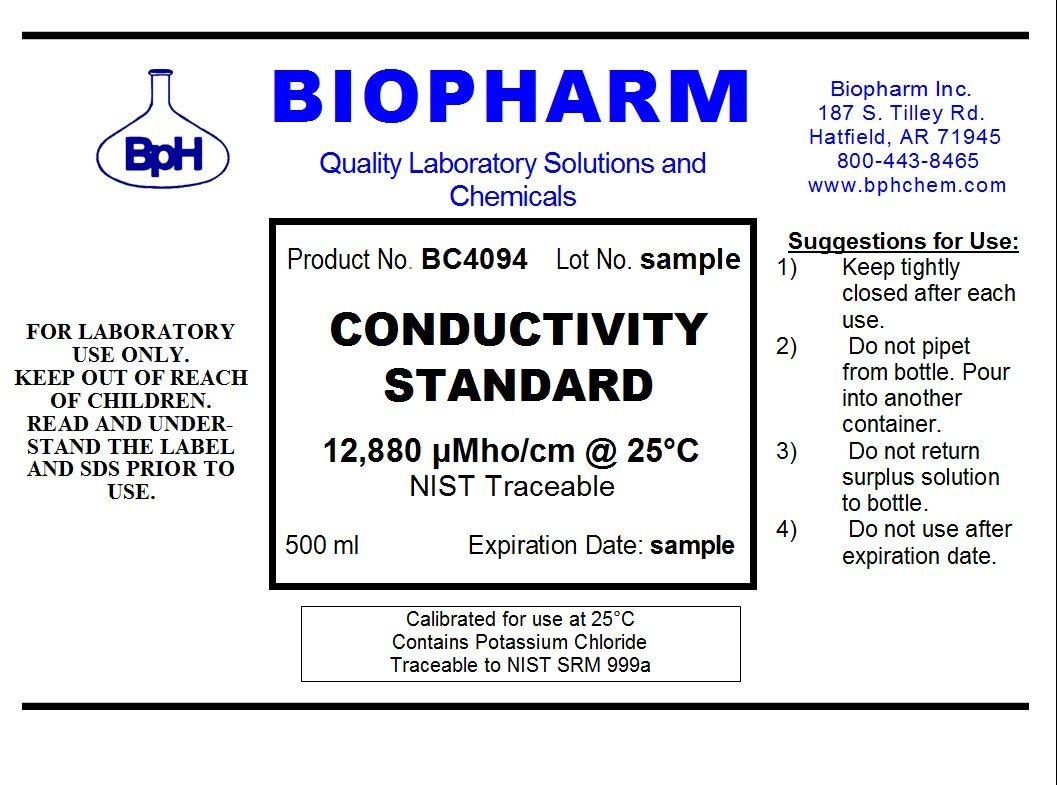 Biopharm conductivity standard label with product details and usage instructions.