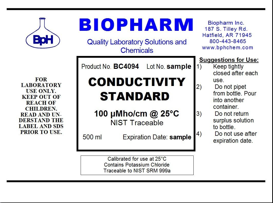 A product label card for Biopharm Conductivity Standard, a 500 ml kit of NIST Traceable potassium chloride solutions. The label features the Biopharm logo and contact information, product specifications, usage suggestions, and a warning label.