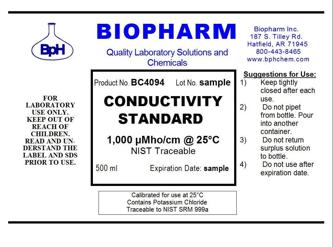 Biopharm conductivity standard 500 ml bottle label, featuring product number BC4094, NIST Traceable marking, and Biopharm Inc. contact details on a white background.