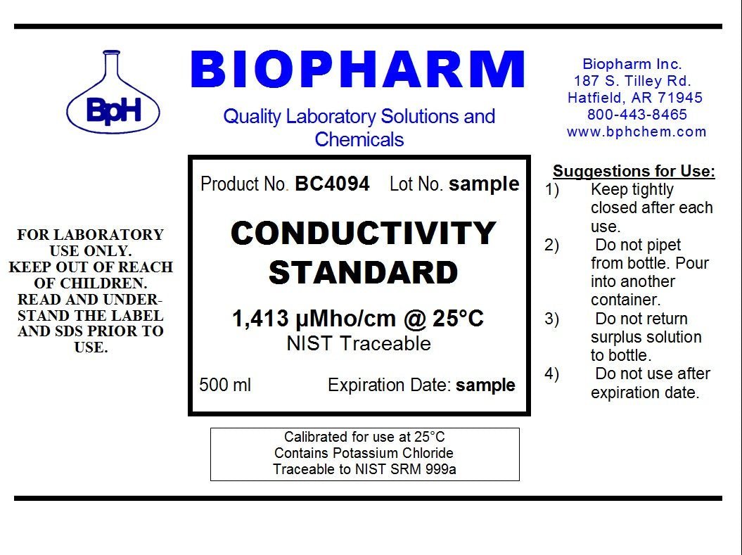 A product label for a Biopharm Conductivity Standard reagent bottle. The label features the Biopharm logo and name in blue at the top, with product details including 'Product No.