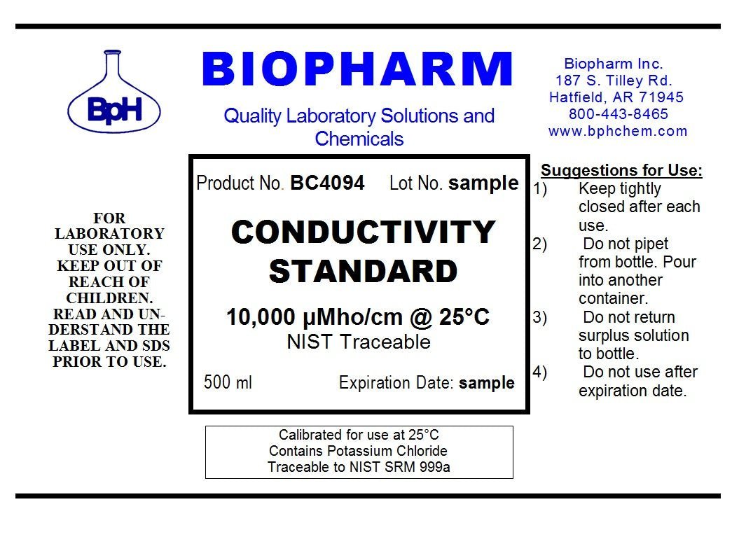 A product information card for a Biopharm Conductivity Standard bottle, showing product number BC4094, 500 ml size, NIST traceable certification, usage suggestions, and contact information for Biopharm Inc.