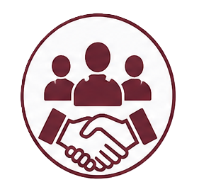 Icon of three people shaking hands with a red outline on a white background