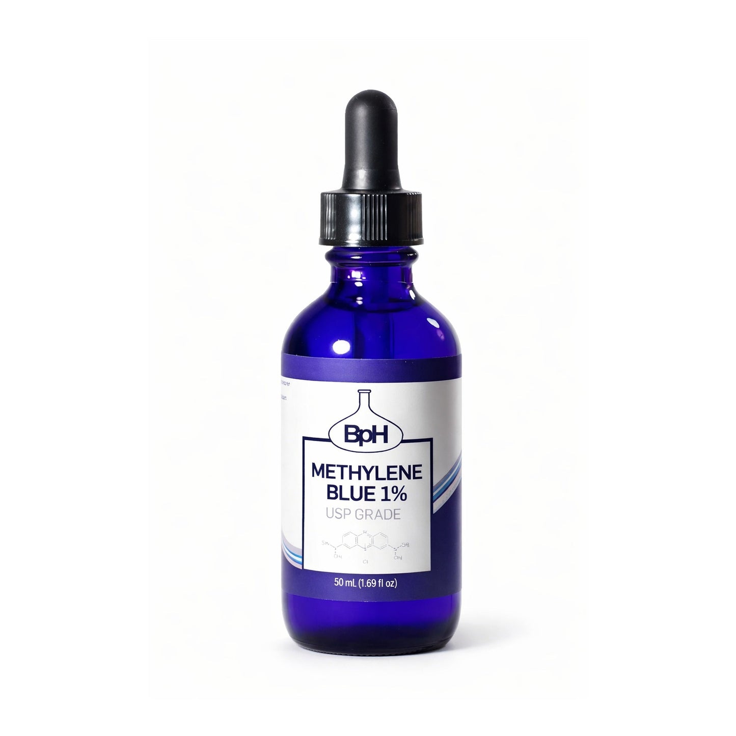 Blue bottle with dropper labeled 'Methylene Blue 1%' on a white background