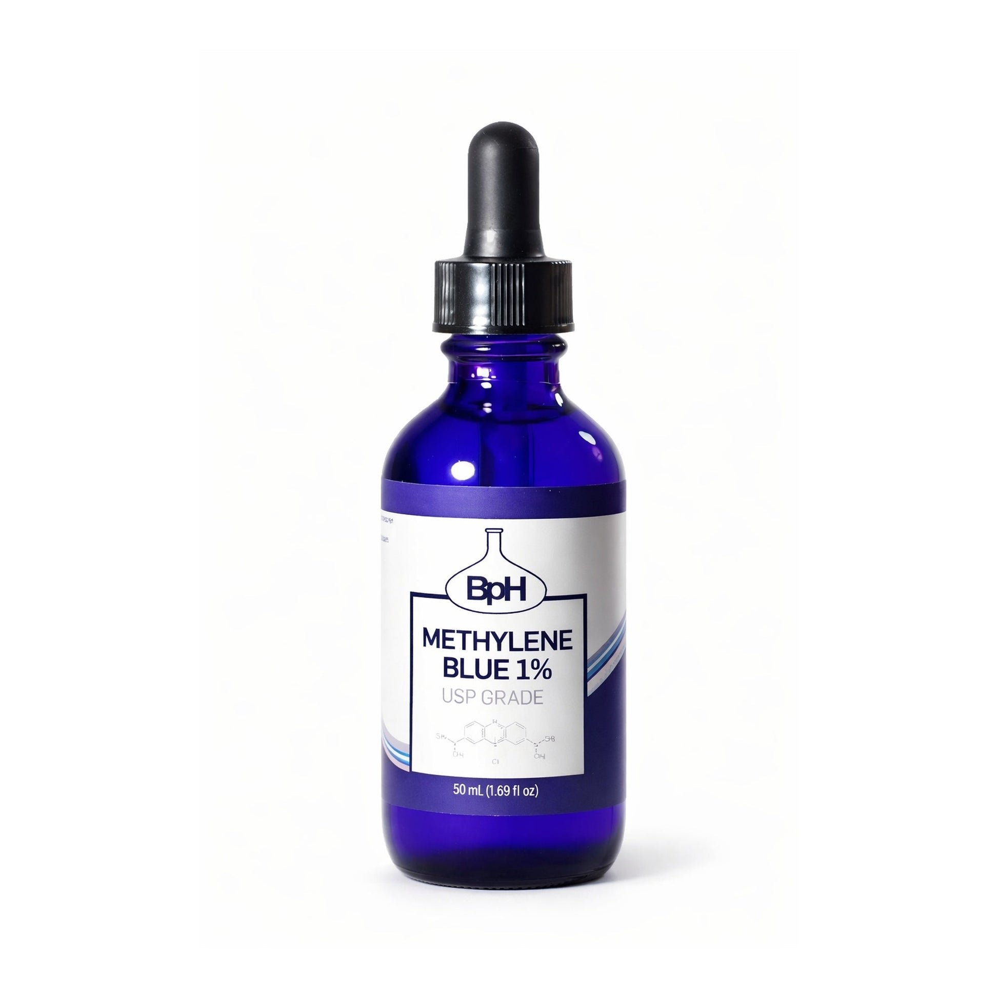 Blue bottle with dropper labeled 'Methylene Blue 1%' on a white background