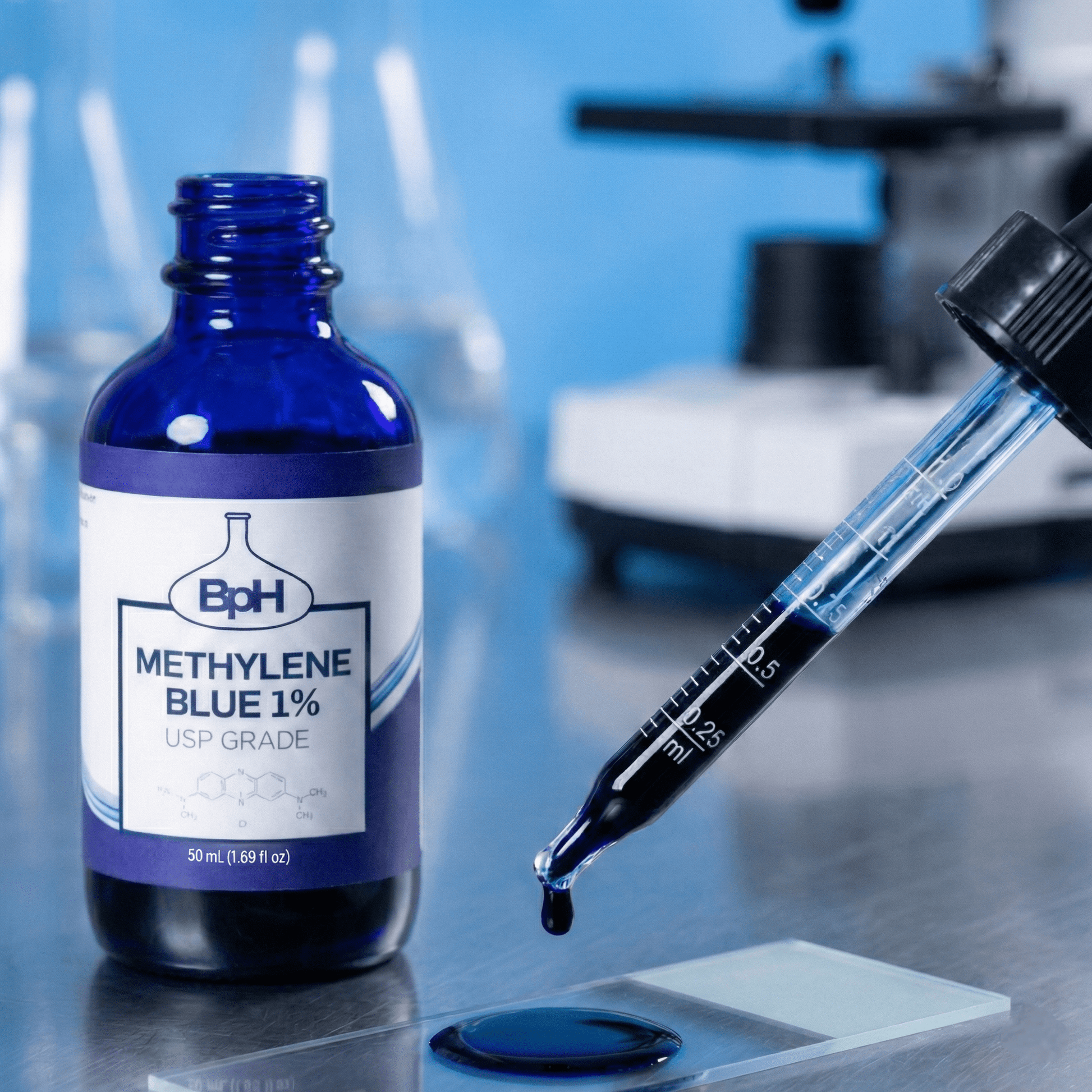 A blue glass bottle labeled BpH Methyrene Blue 1% USP Grade next to a glass dropper holding blue liquid, with a small drop placed on a glass slide against a blurred laboratory background.