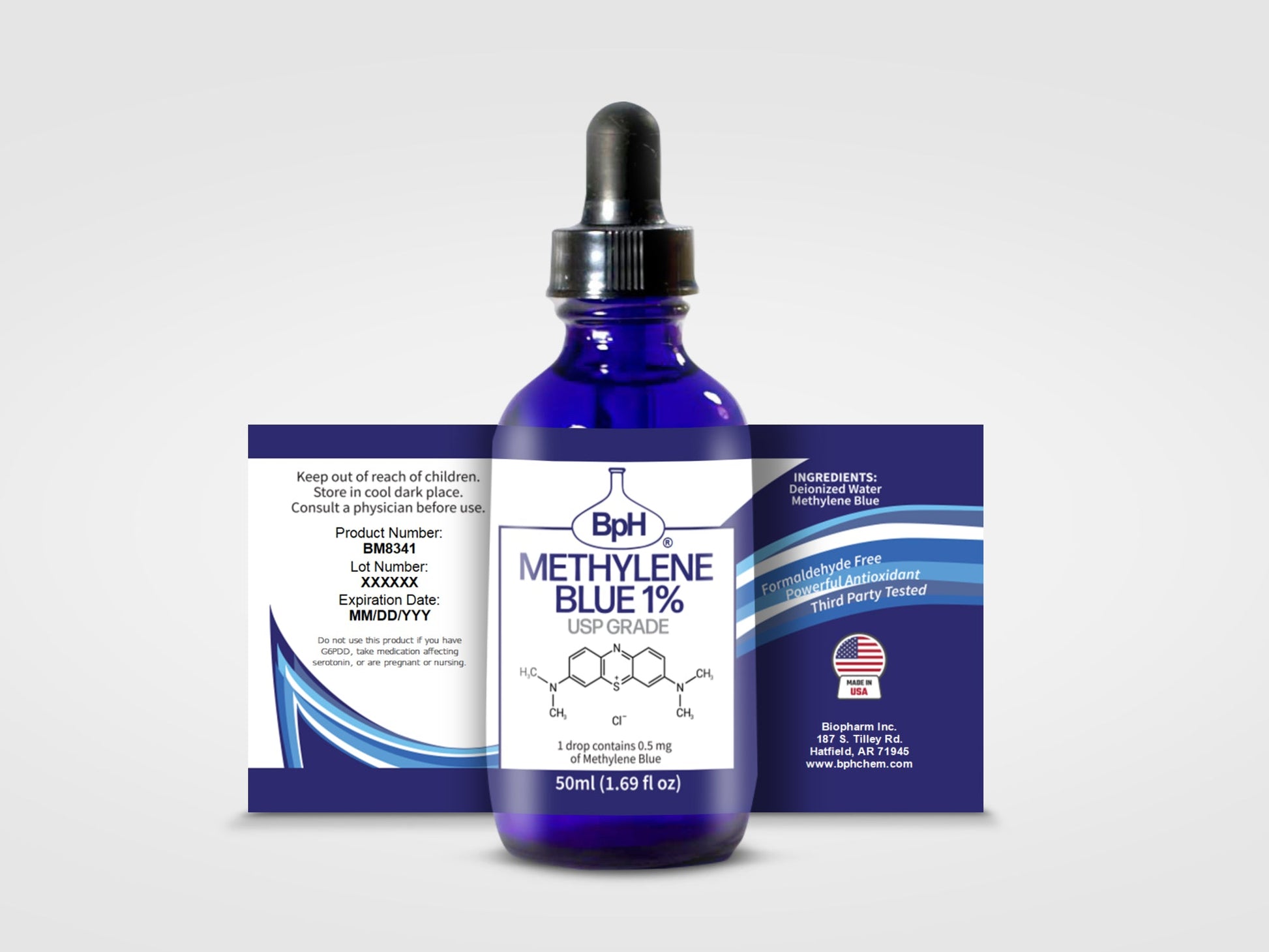 Bottle of BPH Methylene Blue 1% with packaging on a white background