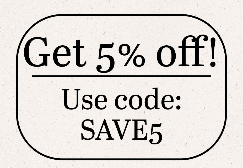 A promotional graphic with a rounded rectangular border on a light textured background, reading 'Get 5% off!' and 'Use code: SAVE5' in black text.
