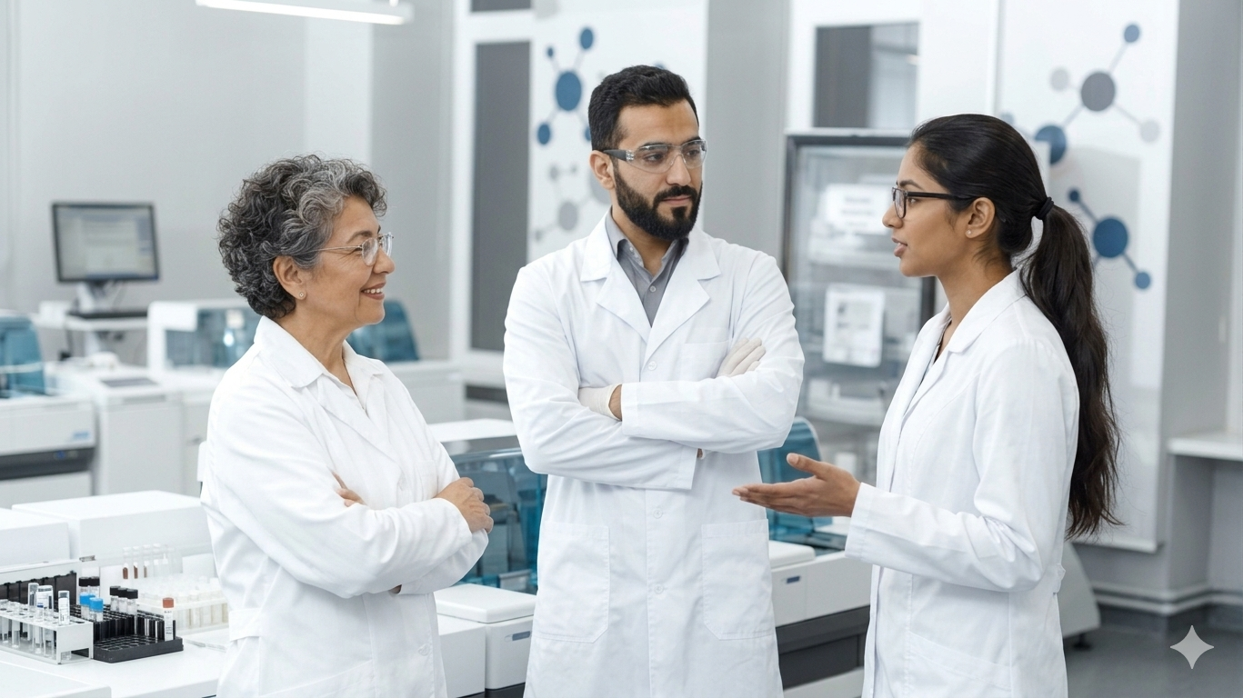 Three scientists in a lab discussing, with lab equipment and monitors in the background.