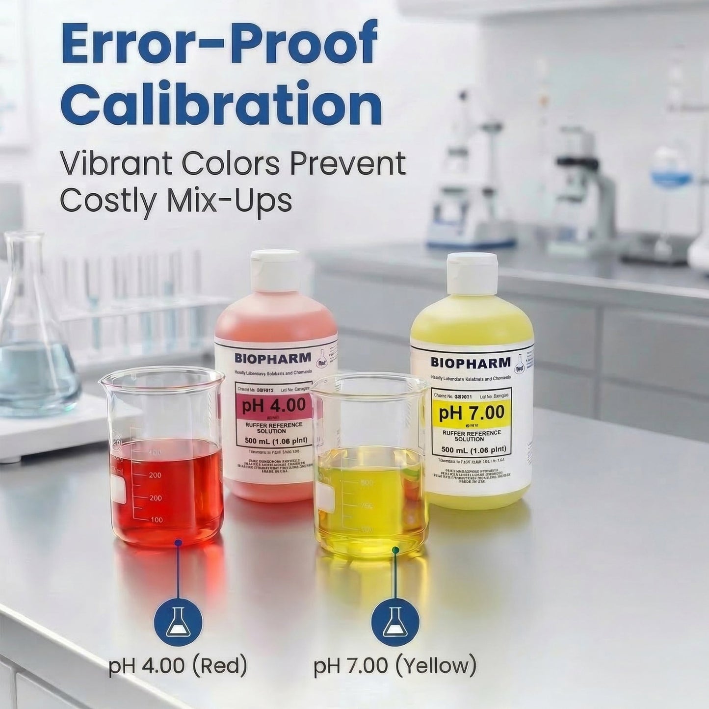 BIOPHARM pH 4.00 and pH 7.00 solution bottles with beakers containing red and yellow liquids on a laboratory counter.