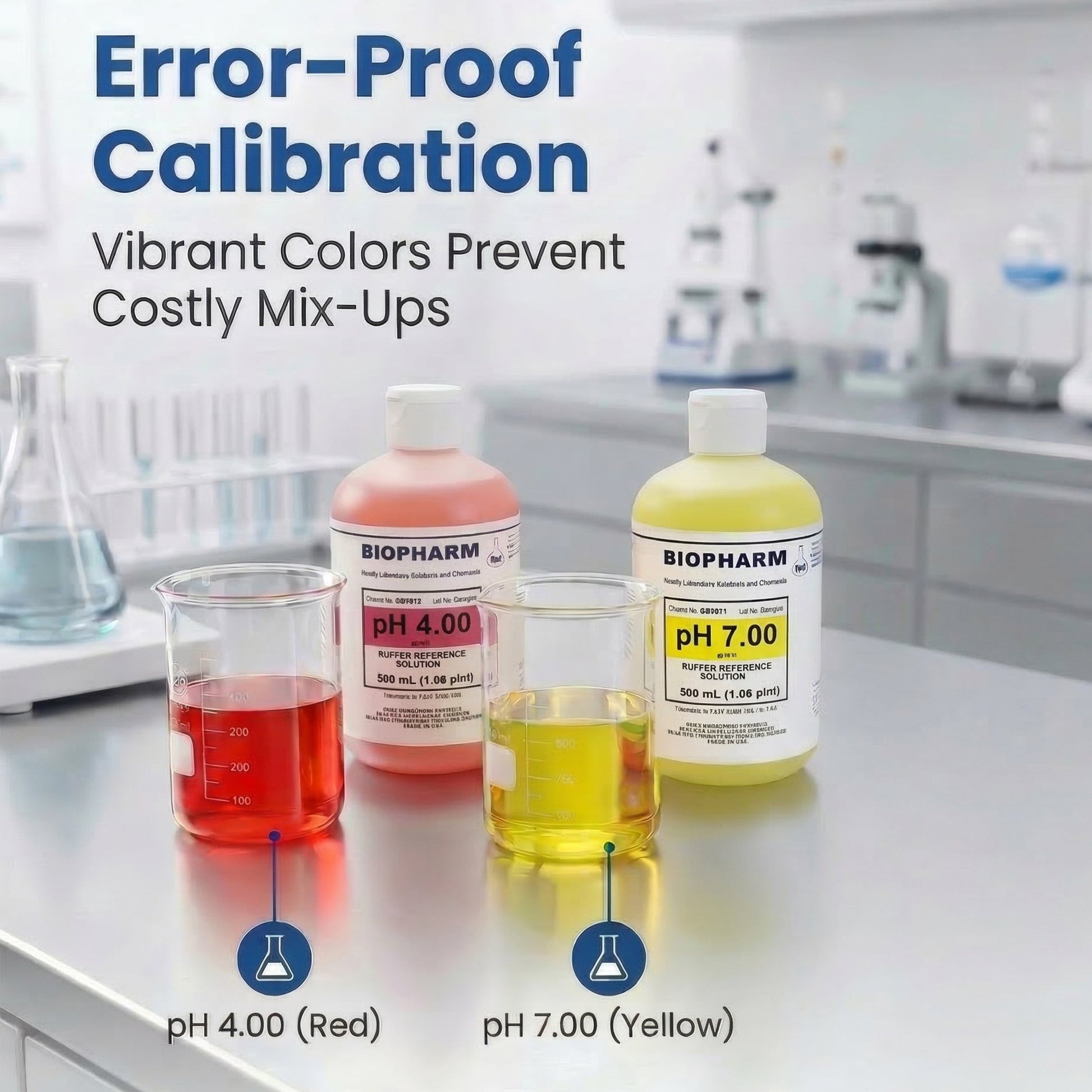 BIOPHARM pH 4.00 and pH 7.00 solution bottles with beakers containing red and yellow liquids on a laboratory counter.