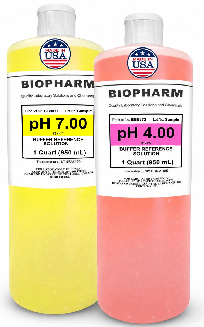 Two bottles of Biopharm pH buffer solutions, one yellow and one pink, with labels indicating pH levels.