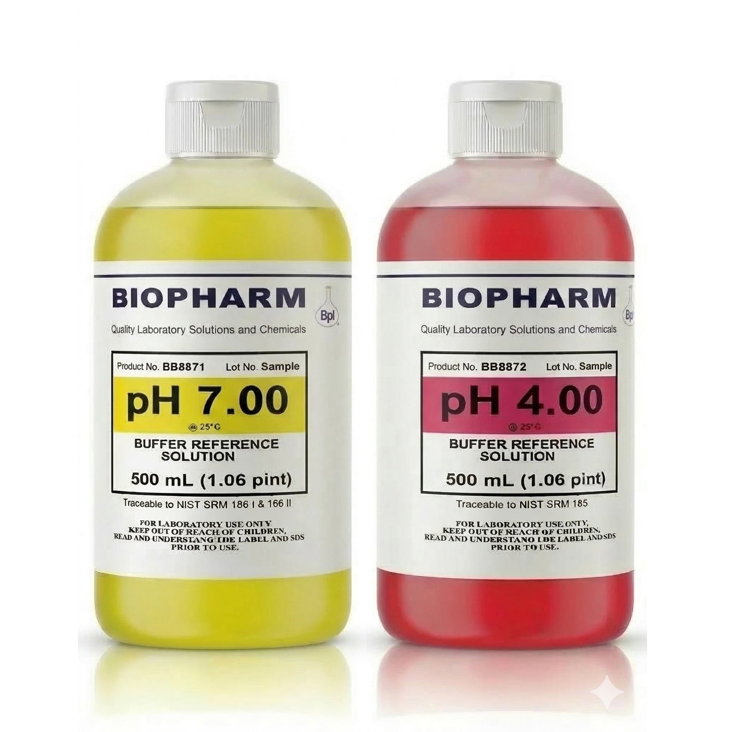 Two bottles of Biopharm buffer reference solutions, one yellow and one red, on a white background.