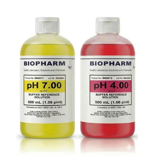 Two bottles of Biopharm buffer reference solutions, one yellow and one red, on a white background.