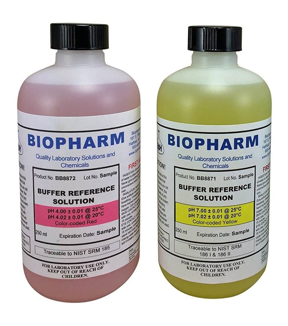 Two bottles of Biopharm Buffer Reference Solutions on a white background