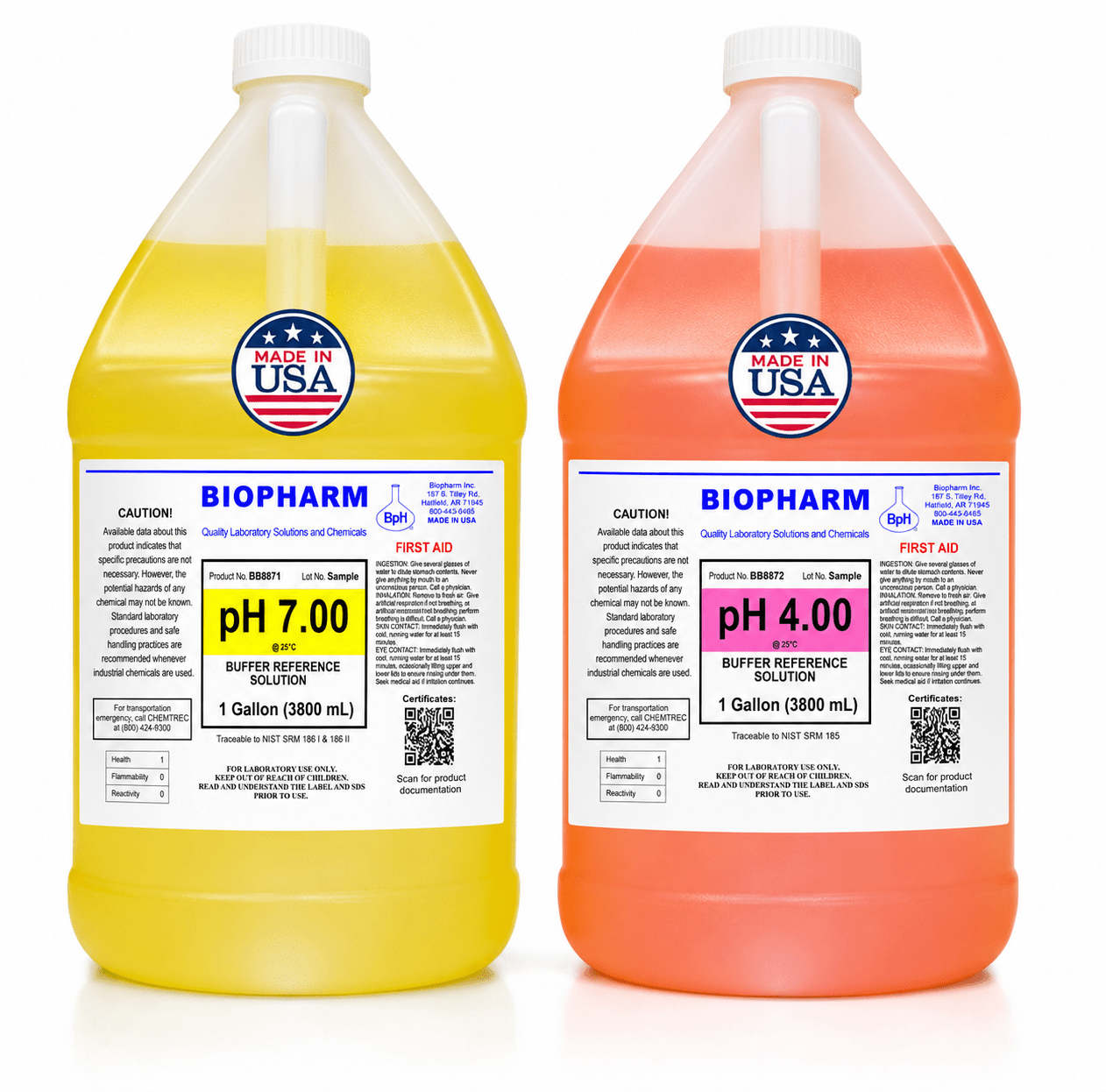 Two bottles of Biopharm pH reference solutions, one yellow and one orange, on a white background.