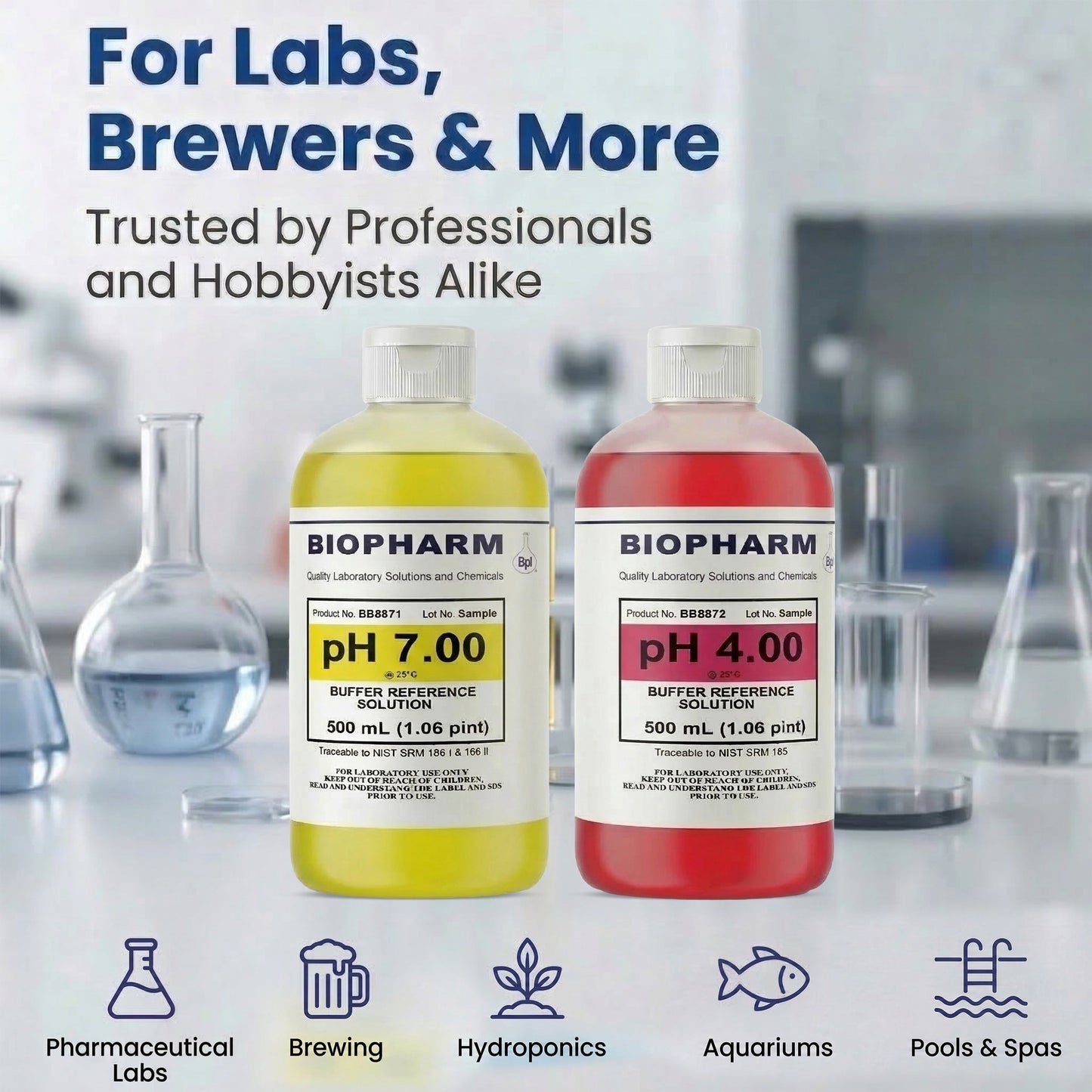 Two bottles of pH buffer solutions with labels on a blurred laboratory background.