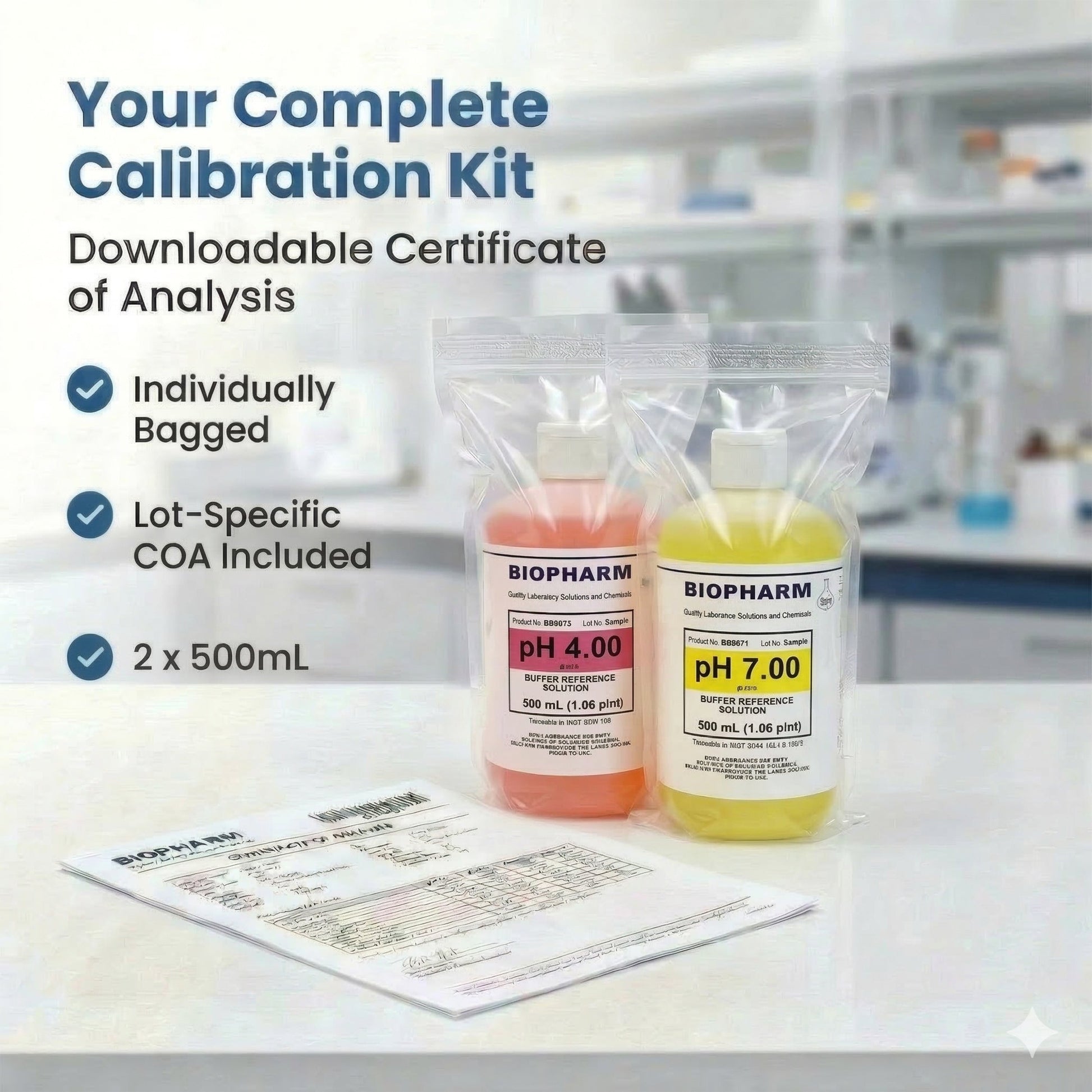 BIOPHARM pH calibration solutions with a downloadable certificate of analysis in a laboratory setting.