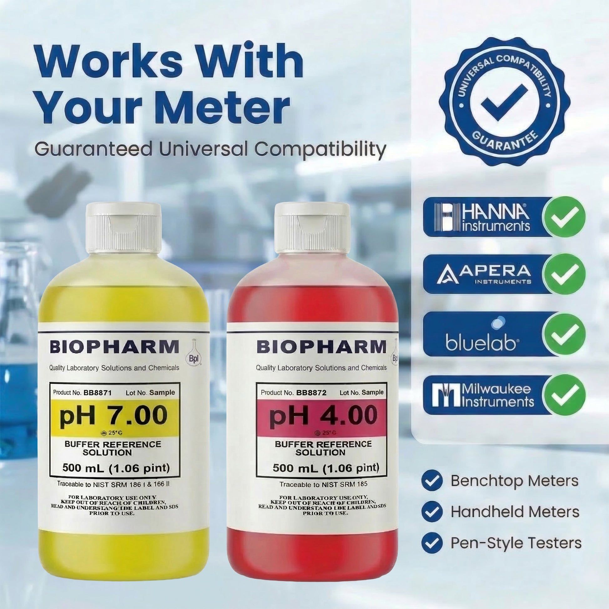 Two Biopharm pH buffer reference solution bottles with compatibility logos on a blurred background.