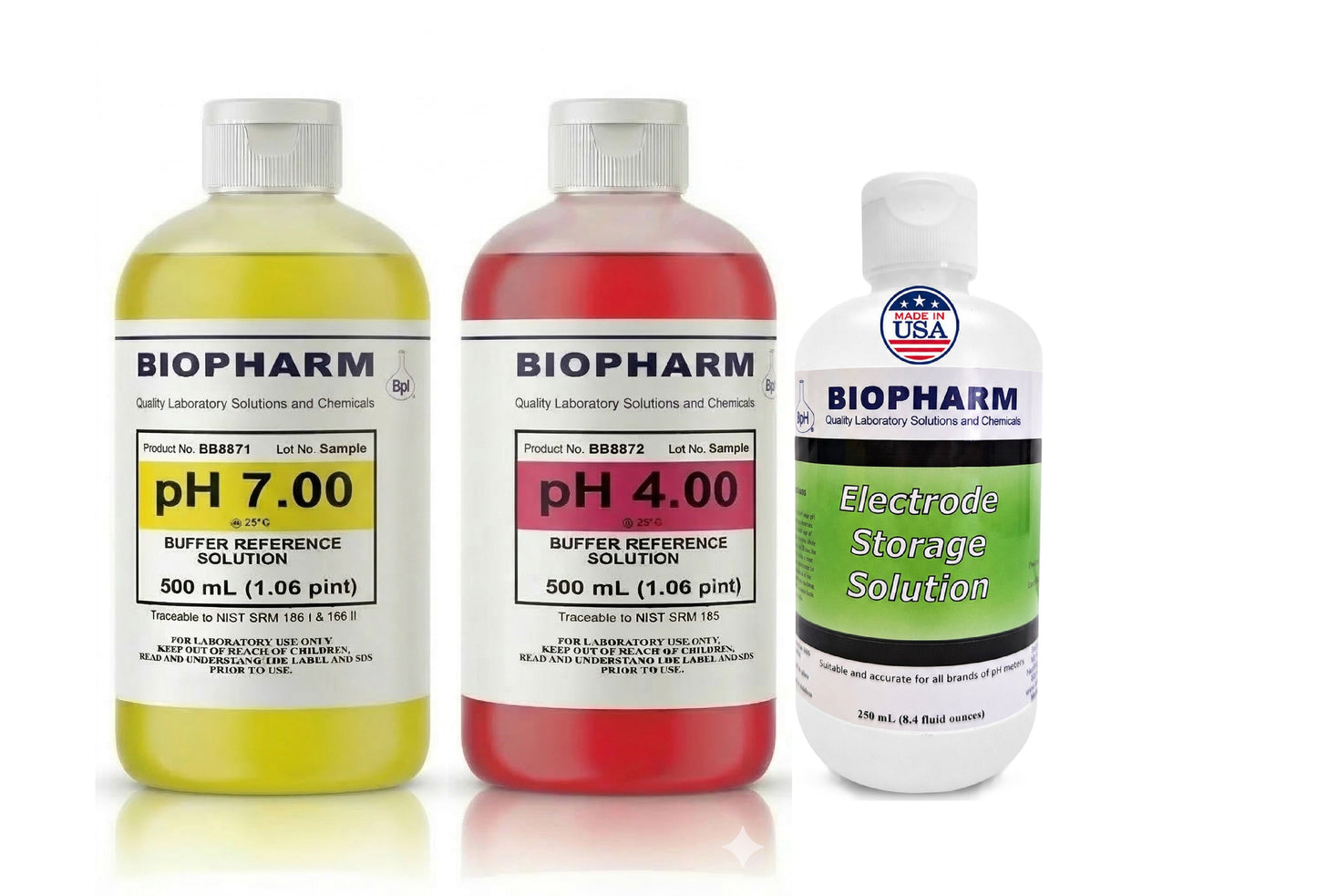 Three bottles of Biopharm pH buffer solutions on a white background