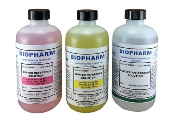 Three bottles of Biopharm laboratory solutions on a white background