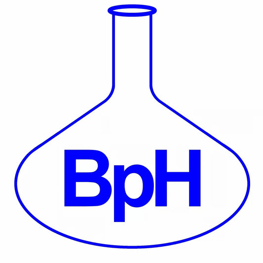 A blue outline of a round-bottom flask containing the blue text 'BpH' on a plain white background.